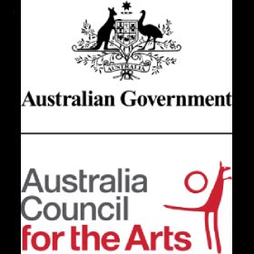 Australia Council for the Arts logo Australian Government Crest with kangaroo and emu and red outline of kangaroo and moon